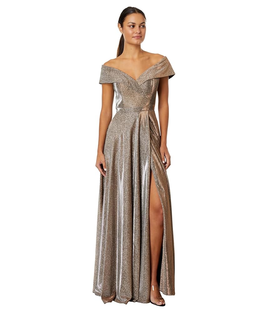 Amazon.com: Xscape Off-The-Shoulder Long Glitter Dress Sand